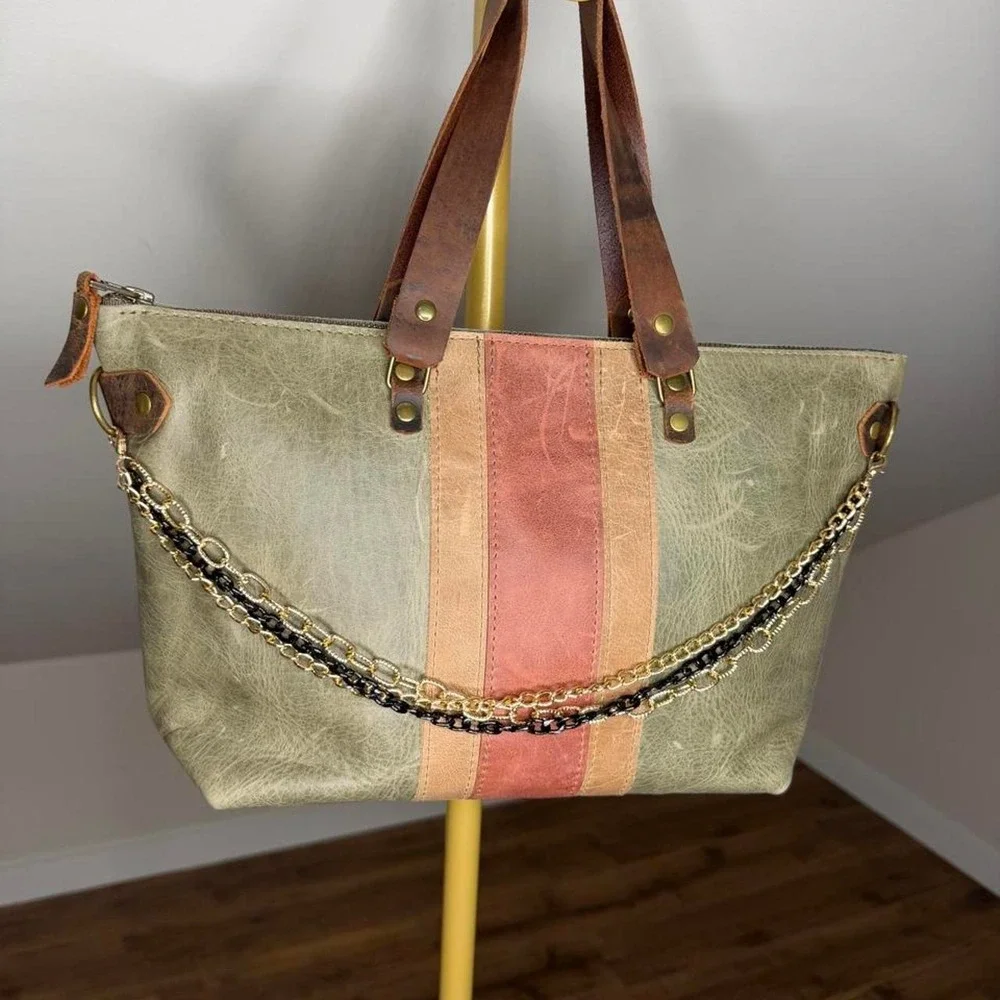In Blue Distressed Leather Tote Bag Boho Moto Indie Sleaze Mixed Chain Purse